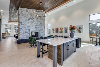 Clubhouse with fireplace and serving kitchen